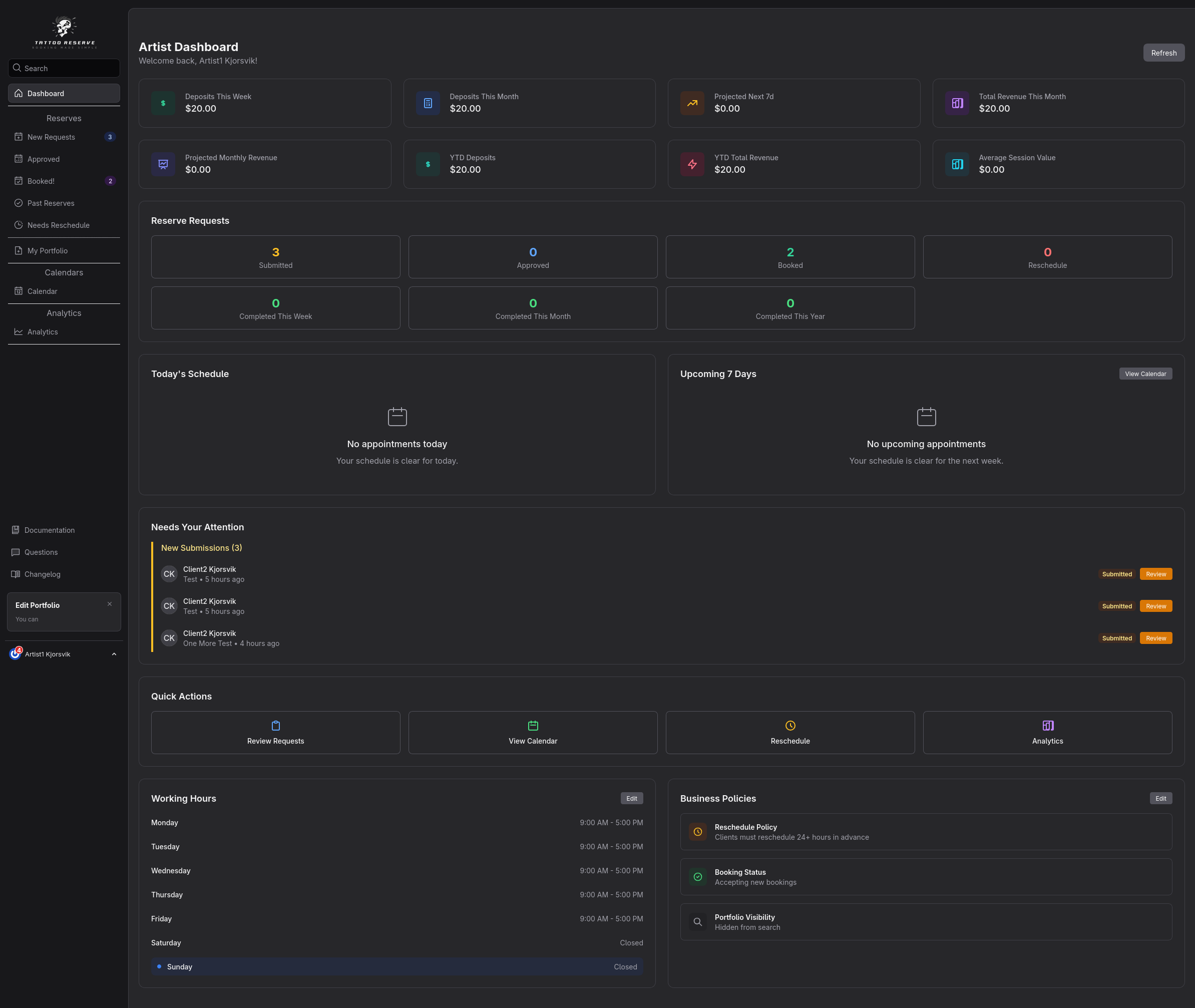 Tattoo Reserve Artist Dashboard
